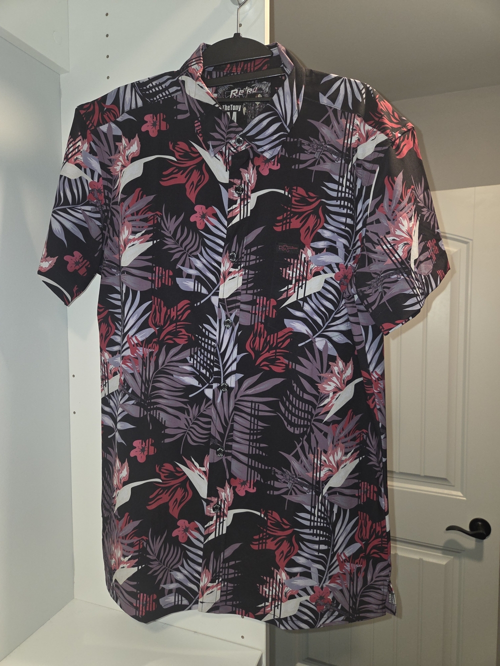 Men's Short-Sleeve Floral Shirt - Black with Red & Purple